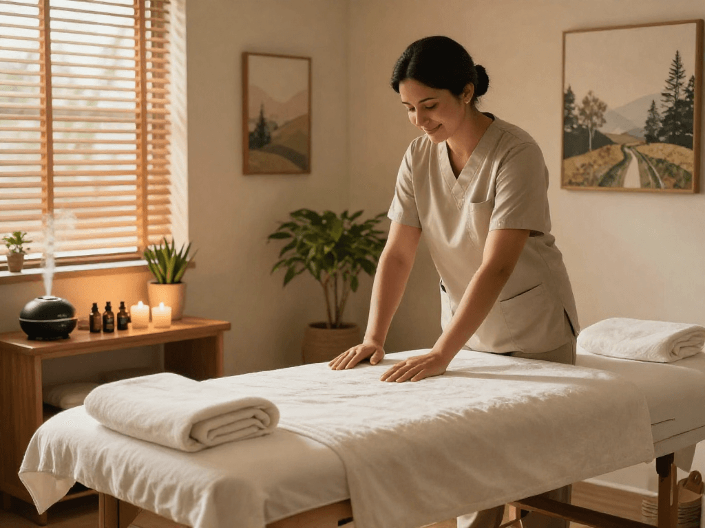 안양출장안마 - Relaxing massage therapy room with inviting ambiance and soothing elements.