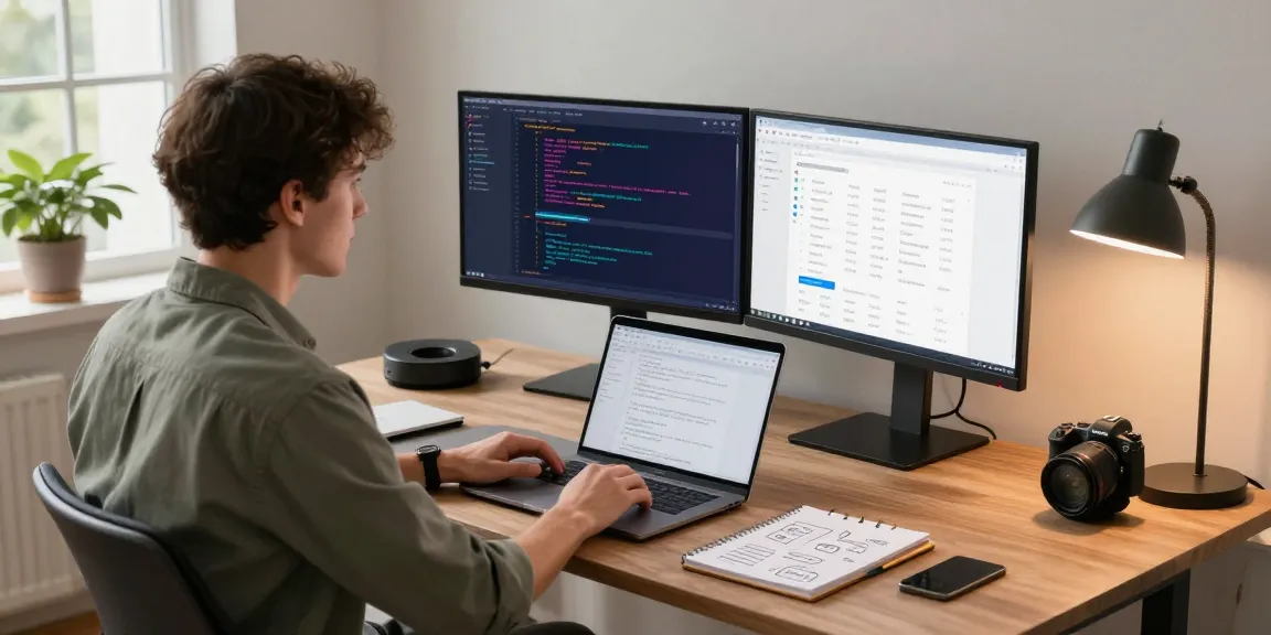 Professional developing internal tools with AI in a modern workspace, showcasing innovative tech tools.