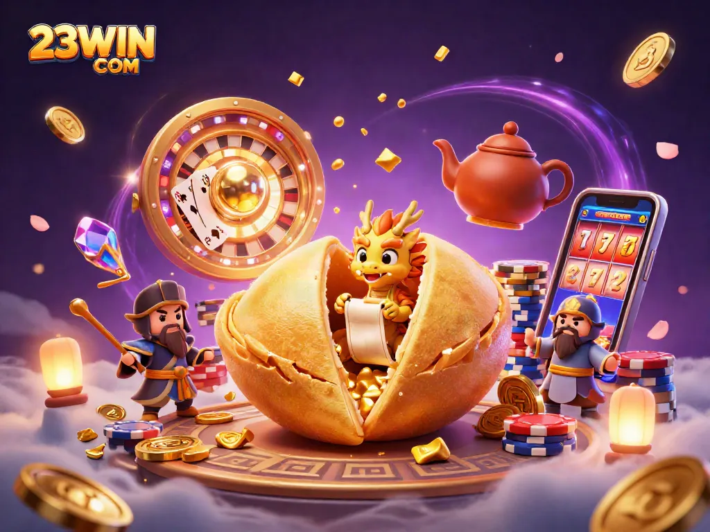 Experience thrilling wins with 23WIN COM, showcasing a vibrant casino scene with golden treasures.