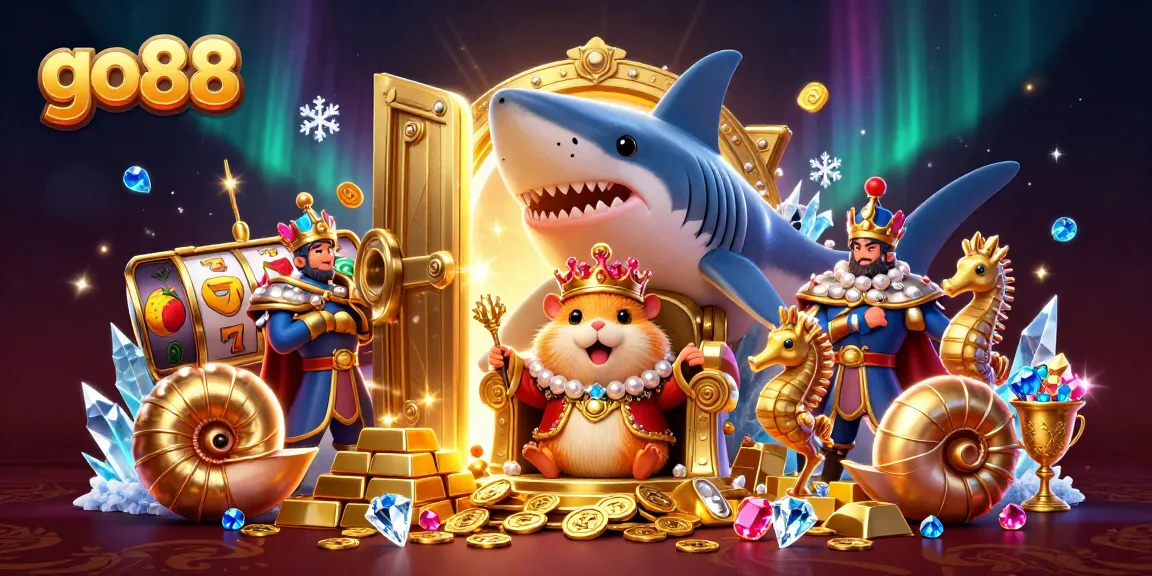 Engage with go88's vibrant cartoon scene featuring a golden hamster king with thrilling slot elements.