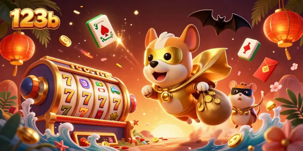 Experience the thrill of winning with 123b's vibrant casino scene featuring dynamic slot reels.