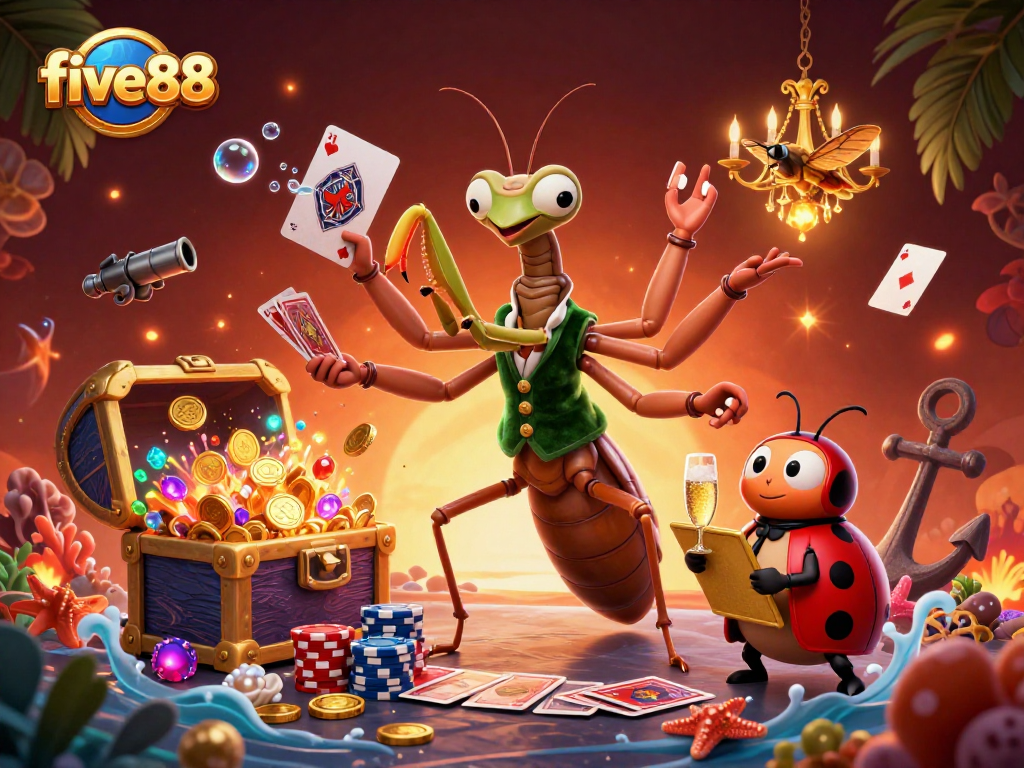 Experience five88's dynamic casino adventure with a praying mantis and ladybug enhancing gameplay.