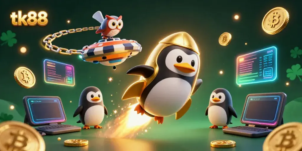 Experience thrilling gaming action with tk88 as the golden penguin rockets through a casino-themed space.