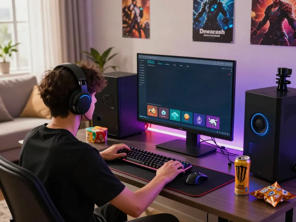 Dewacash Asia gaming platform experience in a vibrant home setup with a focused gamer.