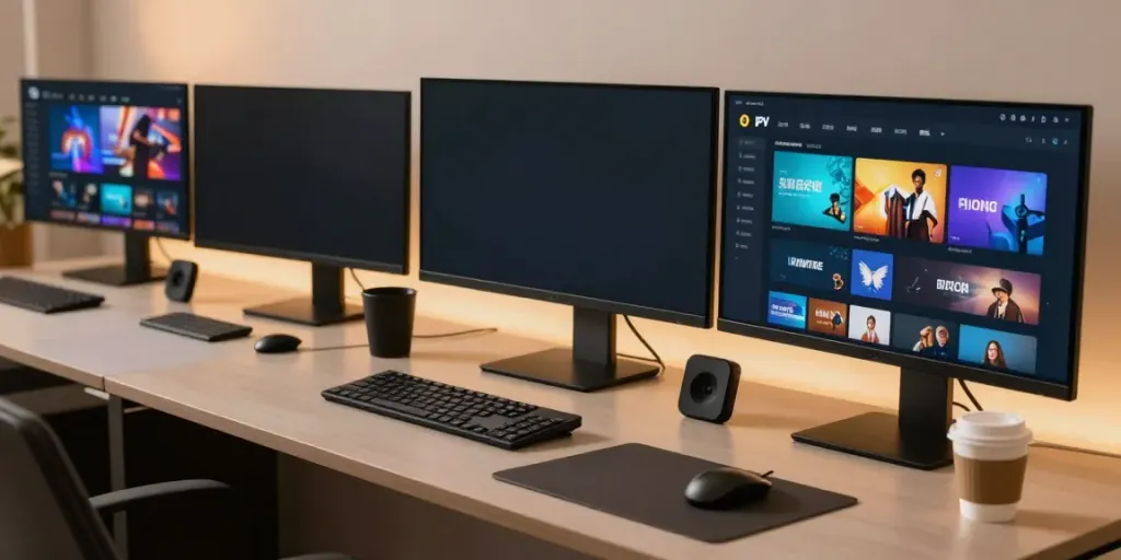 iptv kaufen: Moderner Arbeitsplatz mit IPTV-Streaming-Software und Tech-Gadgets.