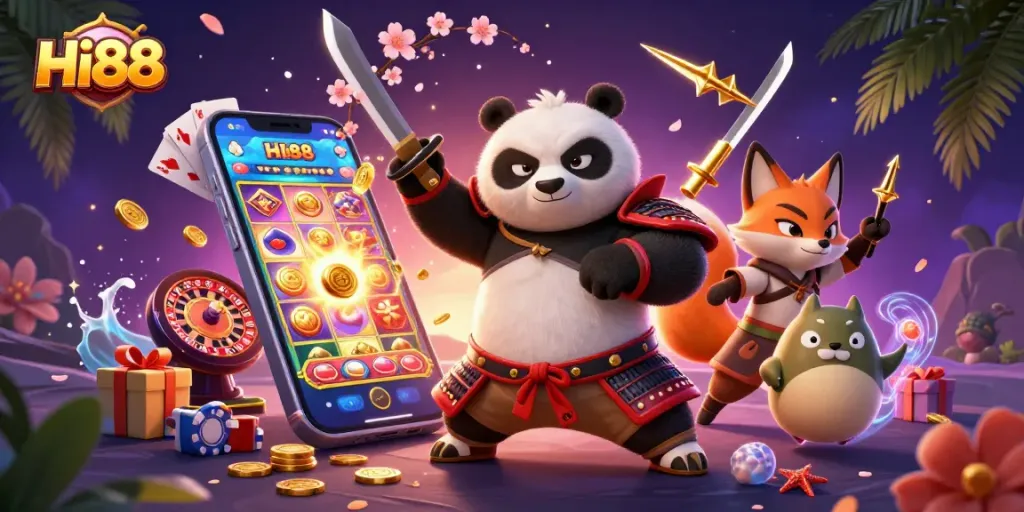 Engage with Hi88's dynamic casino scene featuring colorful characters and gaming elements.