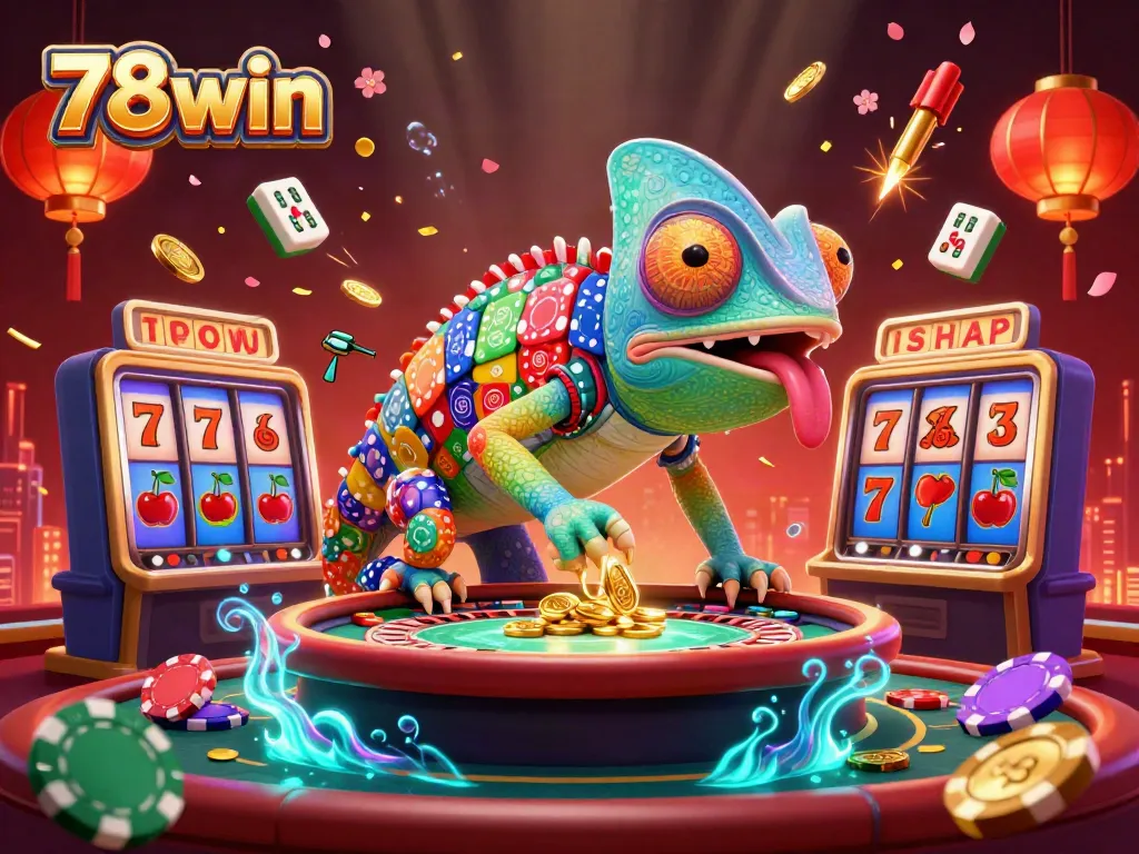 Engage in 78win's vibrant casino experience with a cartoon chameleon and exciting slot games.