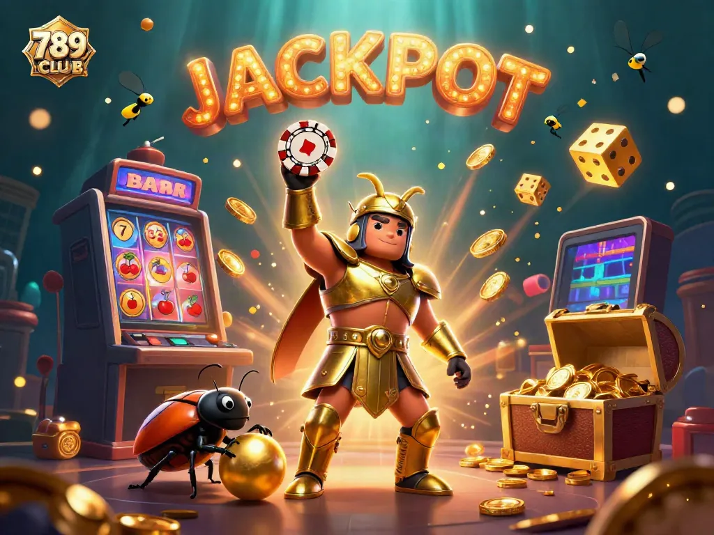 789CLUB illustrates a victory scene with cartoon beetles, slot machine explosion, and vibrant colors.