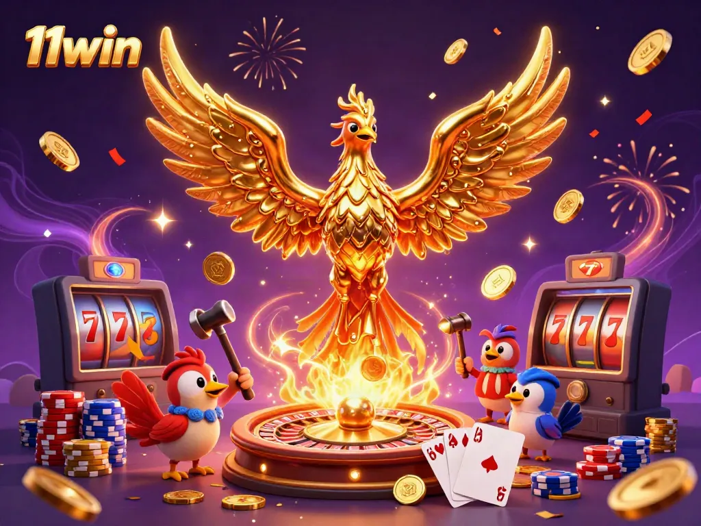 Experience 11win's exciting gaming world with vibrant phoenix and casino elements.