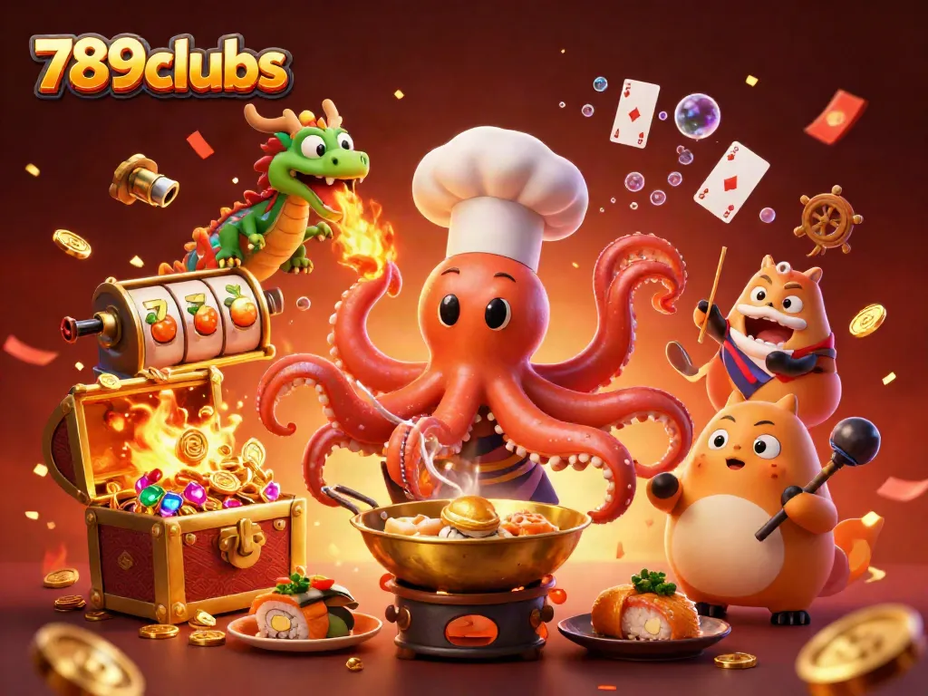 Experience the excitement of 789clubs with a vibrant 3D illustration featuring a sushi chef octopus, dragon, and tanuki.