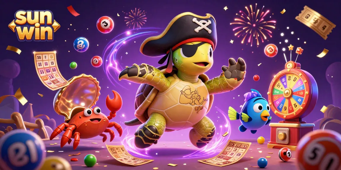 Experience the thrill of sun win's vibrant world with a parrotfish and turtle amidst a jackpot celebration
