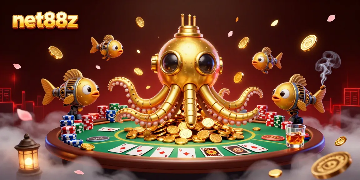 Engage with net88z through this vibrant 3D scene of a golden kraken submarine amidst poker excitement, showcasing winning hands.