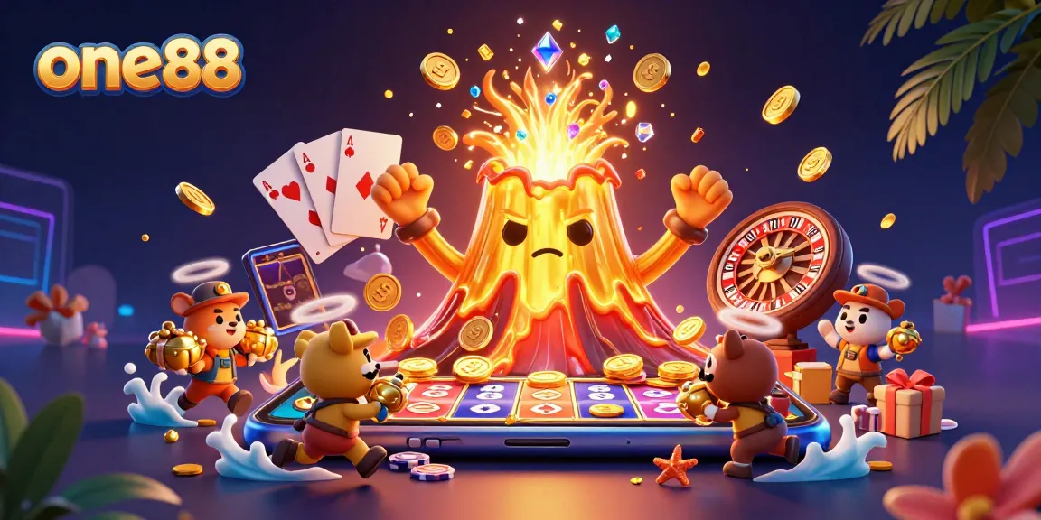 Experience thrilling moments with one88 as golden treasures erupt from a volcano in a vibrant casino scene.
