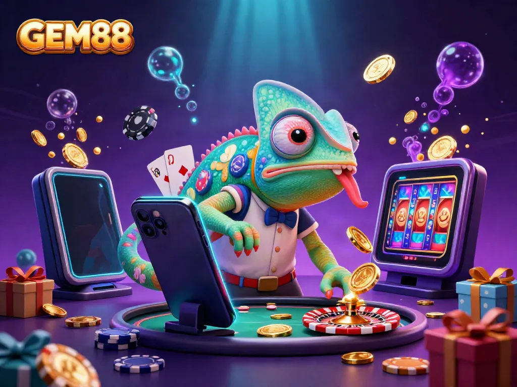Experience royal casino fun at GEM88 with a vibrant chameleon character and thrilling slot games.