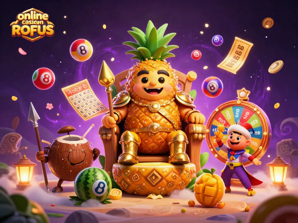 Engaging illustration of online casino uden ROFUS, featuring a pineapple king and vibrant gaming elements.