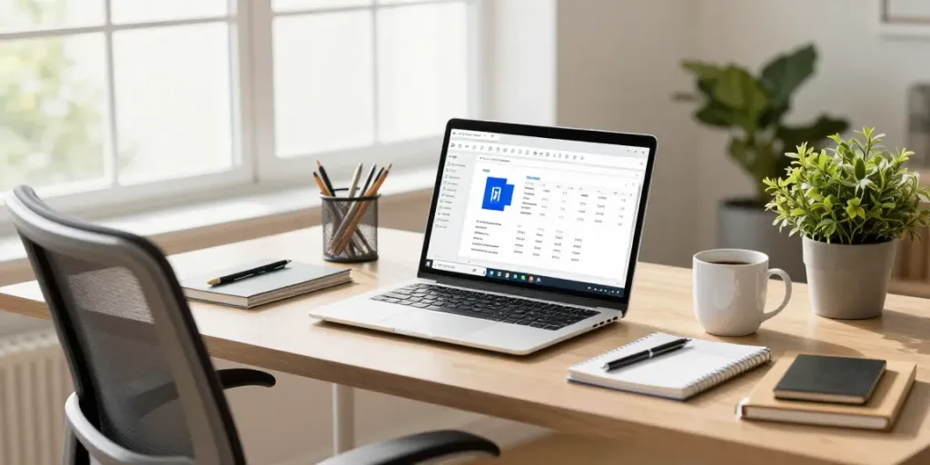 Professionelles Home Office mit Office 2024 Home Anwendungen auf dem Laptop, inspirierend und hell
