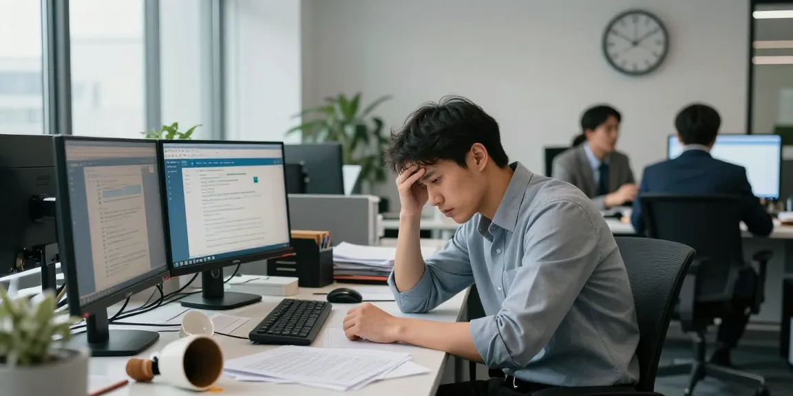Stress mit Chef: Angestellter in modernem Büro mit chaotischem Schreibtisch und müde aussehendem Gesicht.