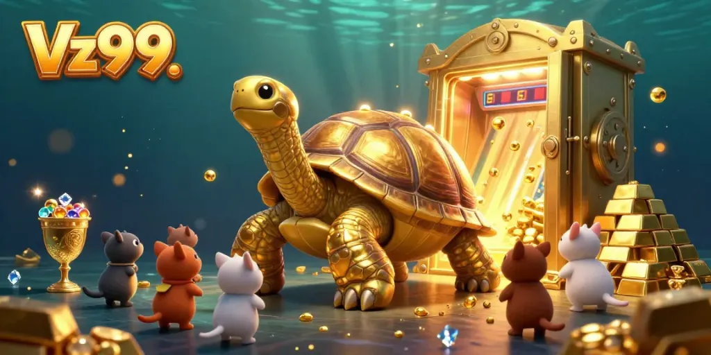 Experience the excitement of the Vz99 casino with golden treasures and a vibrant, playful atmosphere.