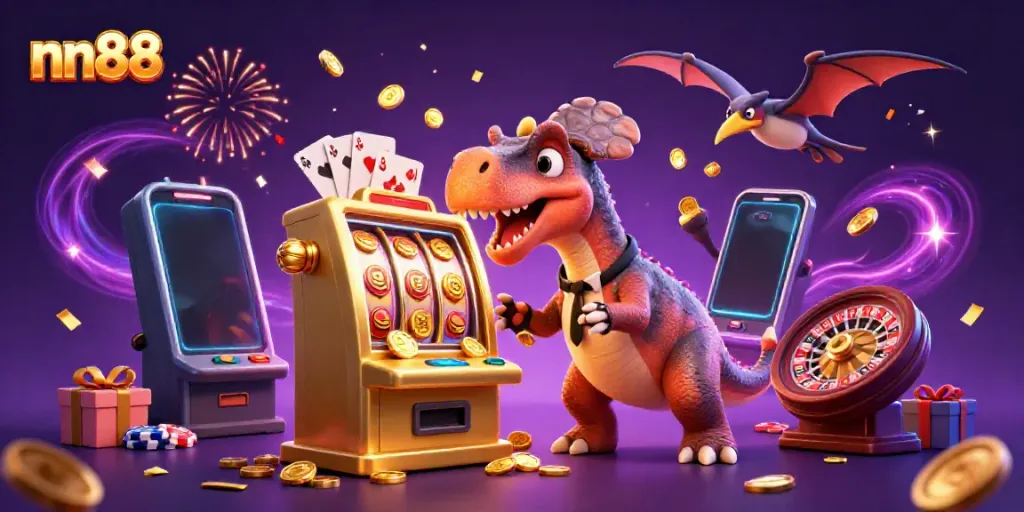 Experience thrilling jackpots at nn88 as a dinosaur-themed slot machine erupts with golden coins.