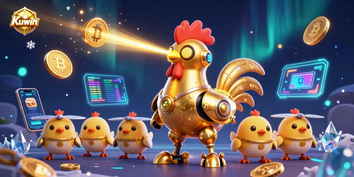 Kuwin showcases a futuristic golden rooster robot embedded in an exciting casino scene with crypto and gaming elements.