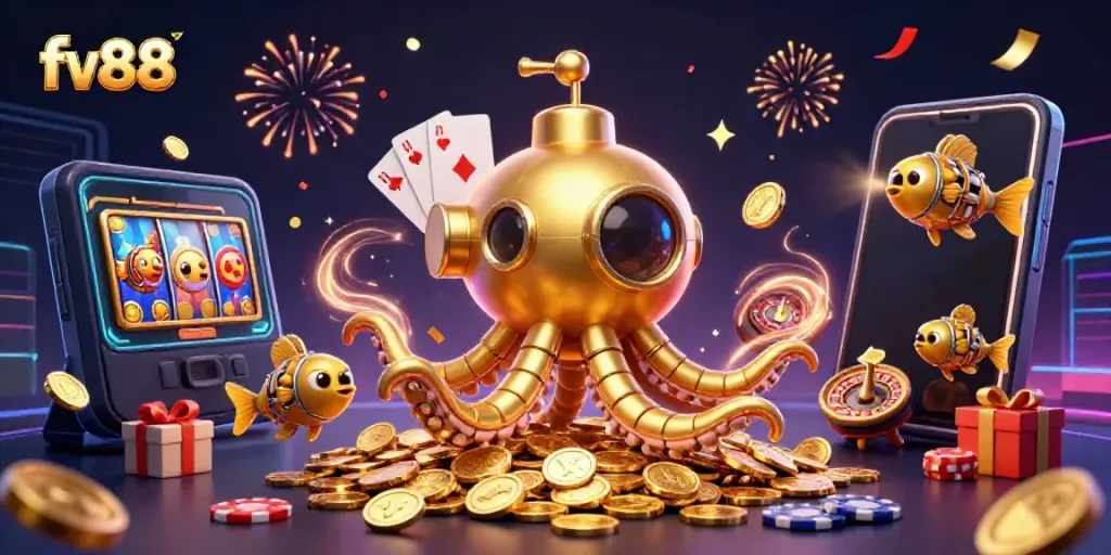 Experience thrilling gameplay with fv88 as a golden kraken submarine surfaces amidst golden coins and dynamic casino elements.
