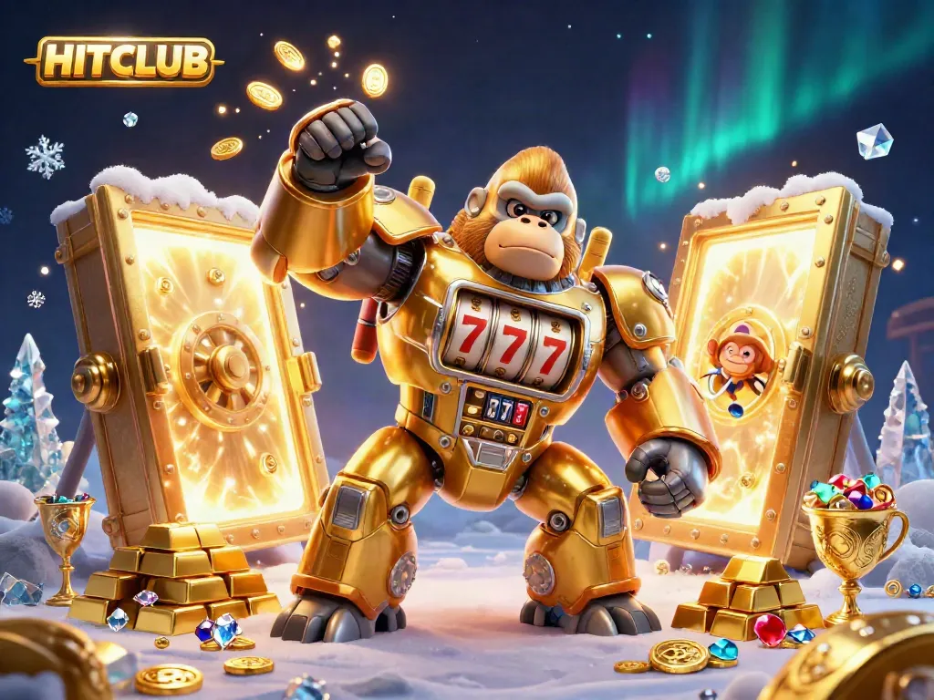 Experience the thrilling HITCLUB with golden gorilla mech, dynamic casino elements, and sparkling treasures.