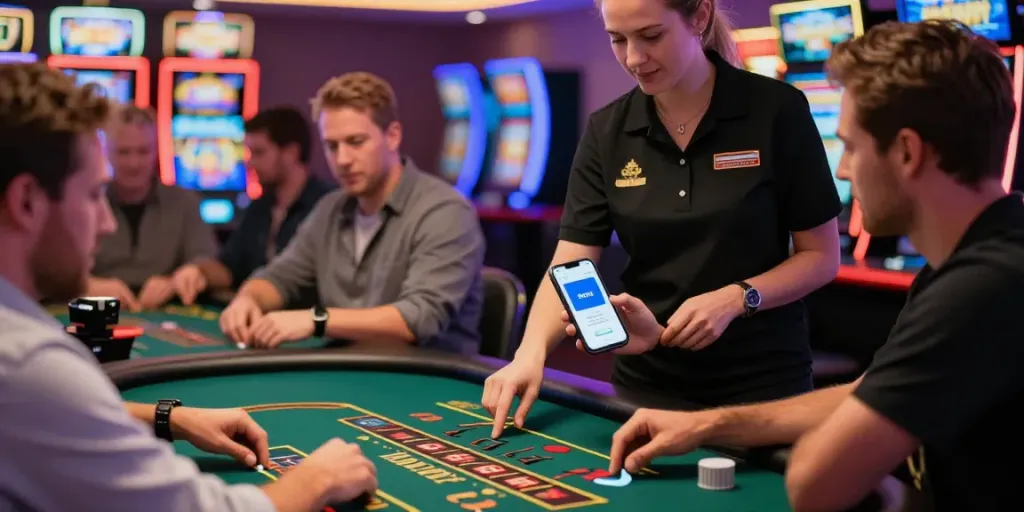 Erlebnis im Casino mit Spielern, die sich für Spiele interessieren, und Nutzung der itsme-App zur Registrierung.
