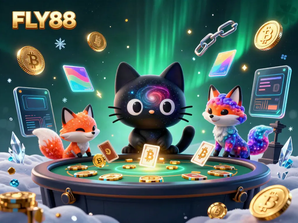 Engage in vibrant FLY88 casino action with a cosmic cat and nebula fox surrounded by golden chips.