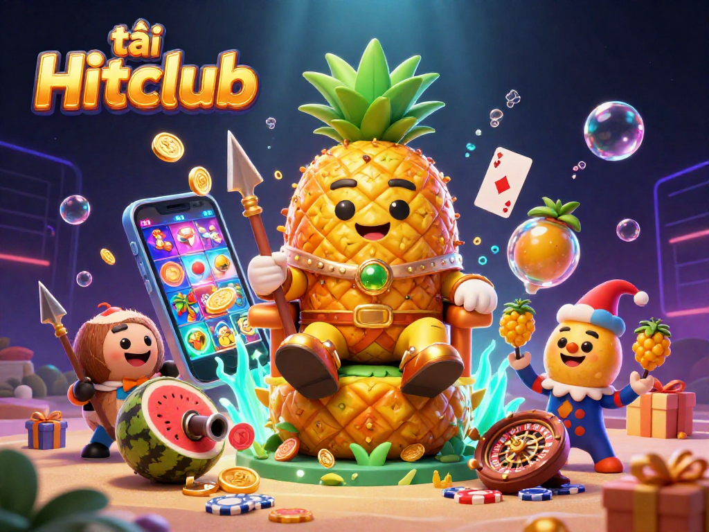 Experience excitement with tải Hitclub featuring colorful slot game characters and a vibrant casino backdrop.
