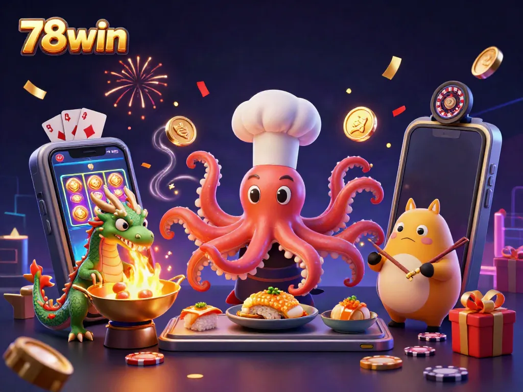 Experience thrilling gameplay with 78win featuring an octopus chef and dragon companion.