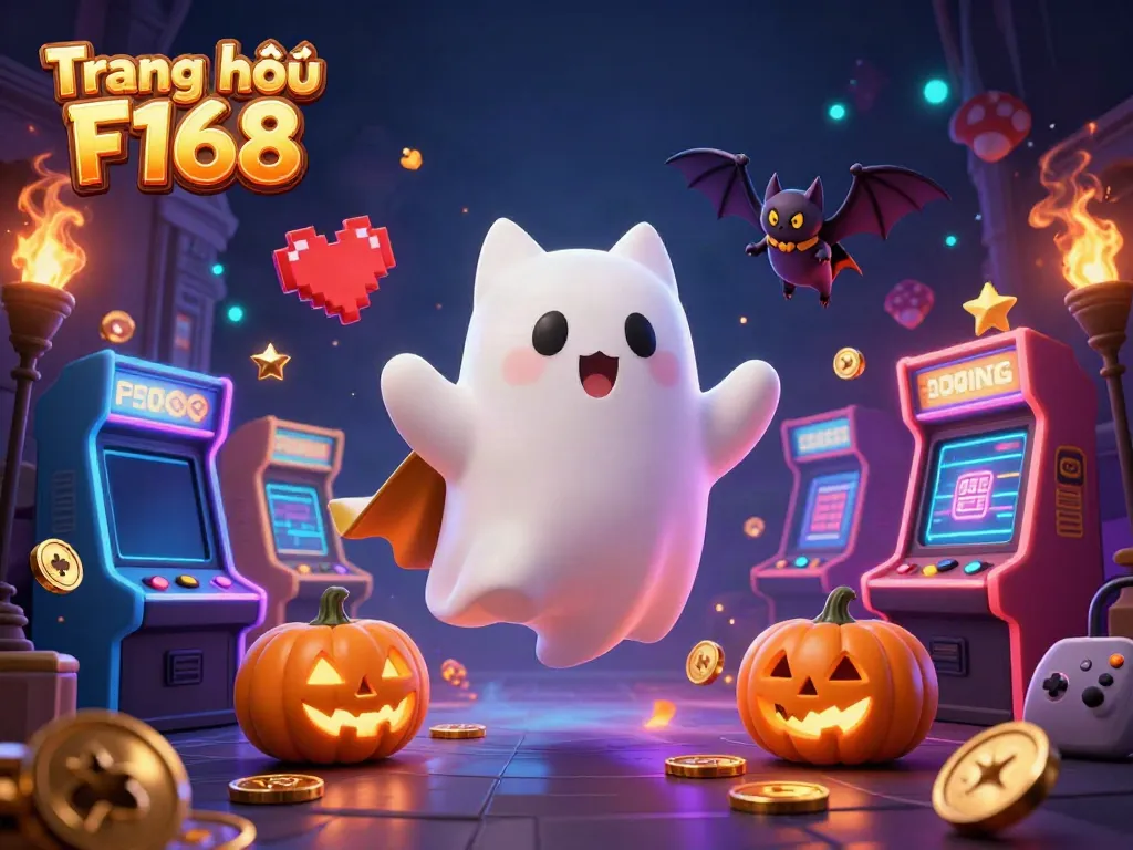 Engage with the lively Trang chủ F168 scene featuring a floating ghost cat with games and glowing pumpkins.