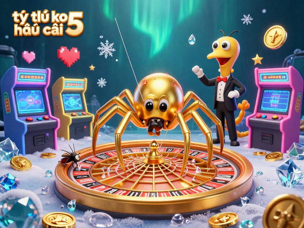 Engaging scene highlighting tỷ lệ kèo nhà cái 5 with a spider and a fly in a vibrant casino illustration.