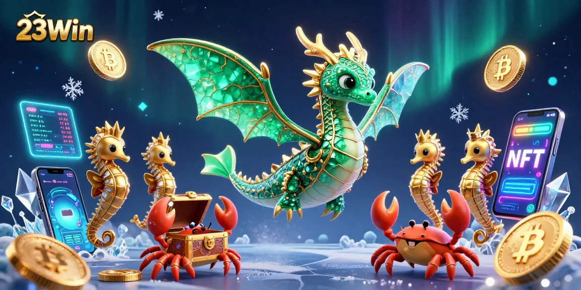 Experience the fascinating world of 23Win with an enchanting sea dragon amidst vibrant cryptocurrency elements and captivating magical details.