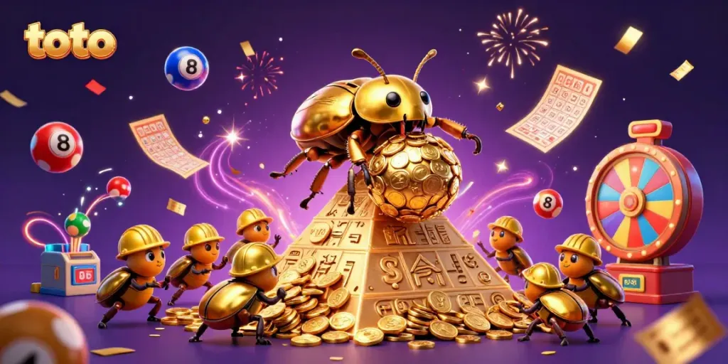 Engage with the vibrant world of toto gaming featuring golden beetles, confetti, and lottery elements.