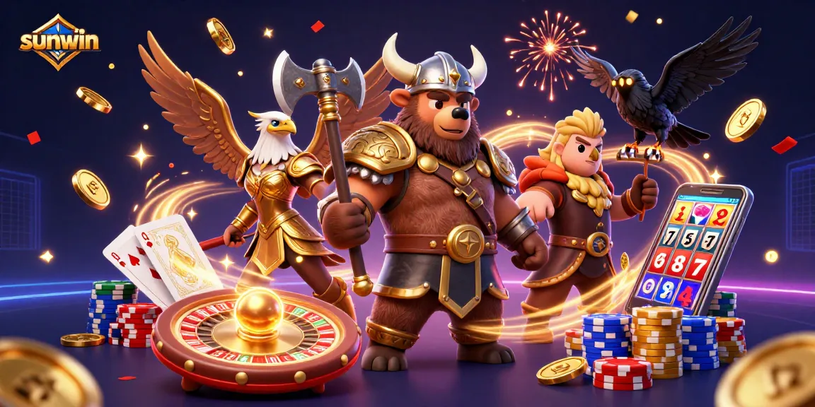 Experience the excitement of sunwin as characters engage in thrilling casino games surrounded by vibrant visuals.