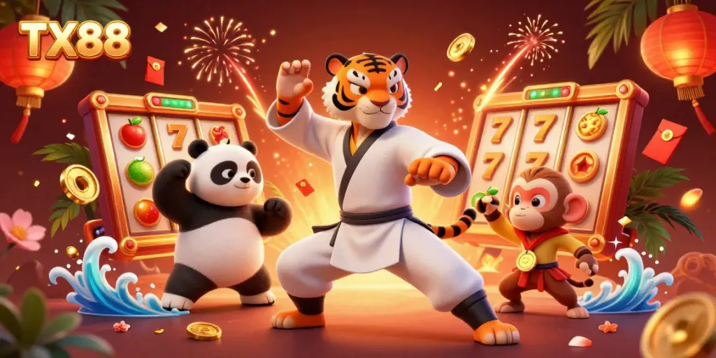 Experience thrilling slot games at TX88 with exciting characters and vibrant casino elements.