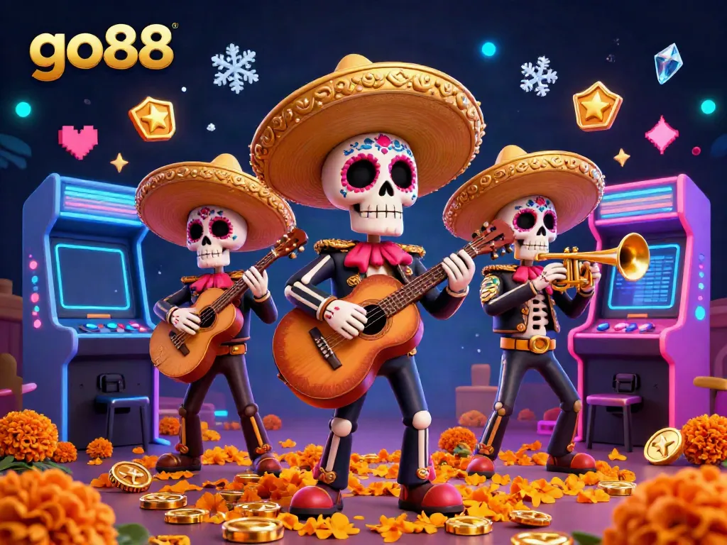 Engage in vibrant gameplay at go88 with a 3D mariachi band amidst glowing game machines and festive decorations.
