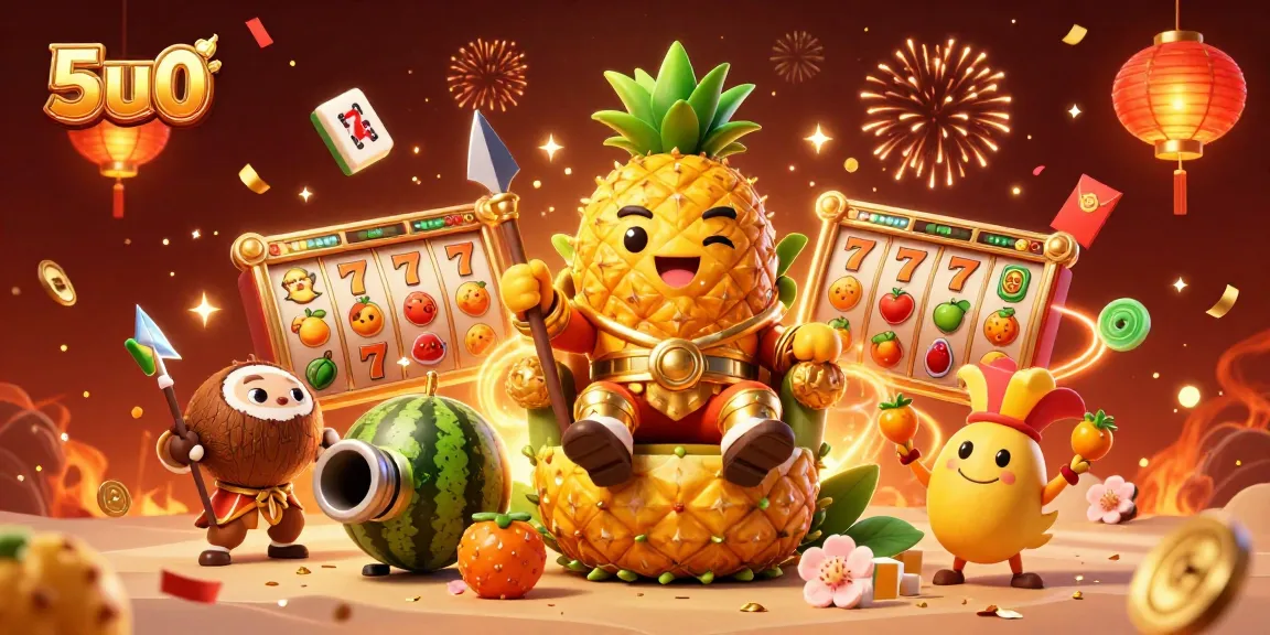 Experience the vibrant 5u0 casino scene featuring a golden pineapple king amidst slot reels and festive decorations.