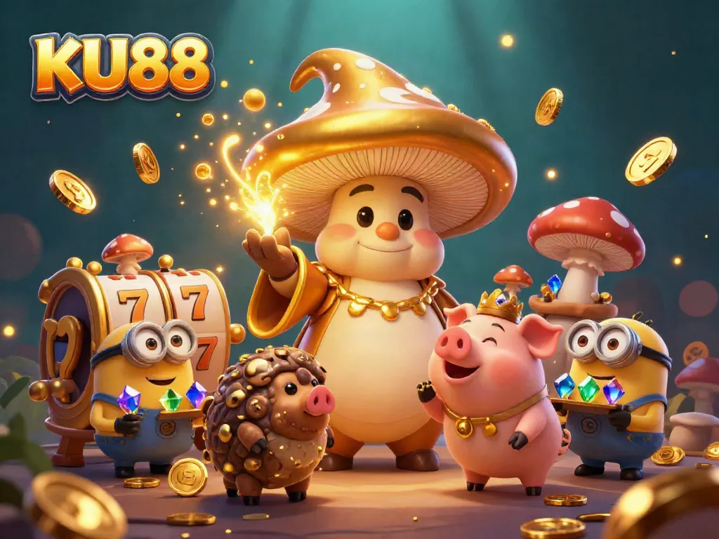 Spin to win big with KU88's vibrant slot machines illustrated in a magical scene.