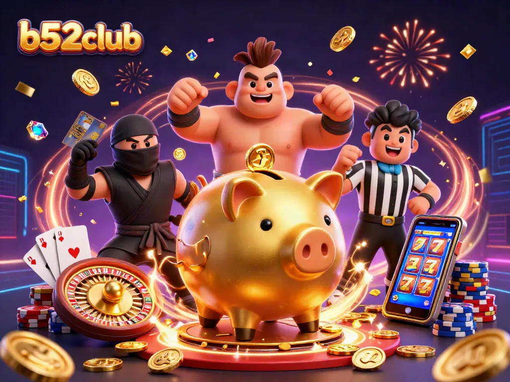 Engage with b52club's thrilling casino scene featuring a golden piggy bank sumo wrestler amidst dynamic gameplay elements.
