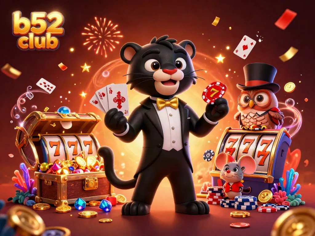 Engage in thrilling gameplay at b52 club as a panther deals cards with vibrant slot elements.