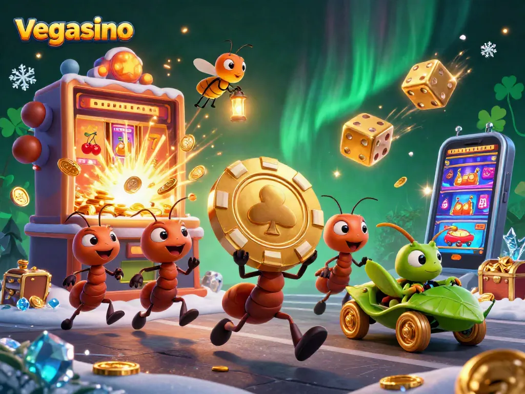 Engaging illustration of vegasino casino heist featuring ants, poker chip, and casino elements