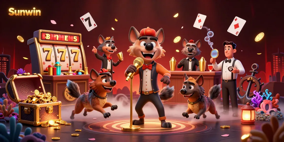 Enjoy the vibrant Sunwin casino experience with hyenas mixing drinks, telling jokes, and checking IDs.