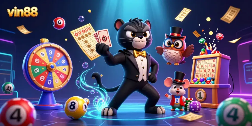 Experience thrilling gameplay at vin88 with a fancy tuxedo-wearing panther dealing cards and vivid lottery elements.