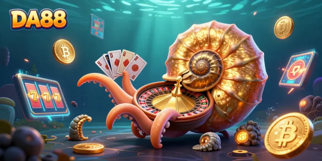 Engage players at DA88 with an exciting nautilus-themed casino scene featuring vibrant slot elements.
