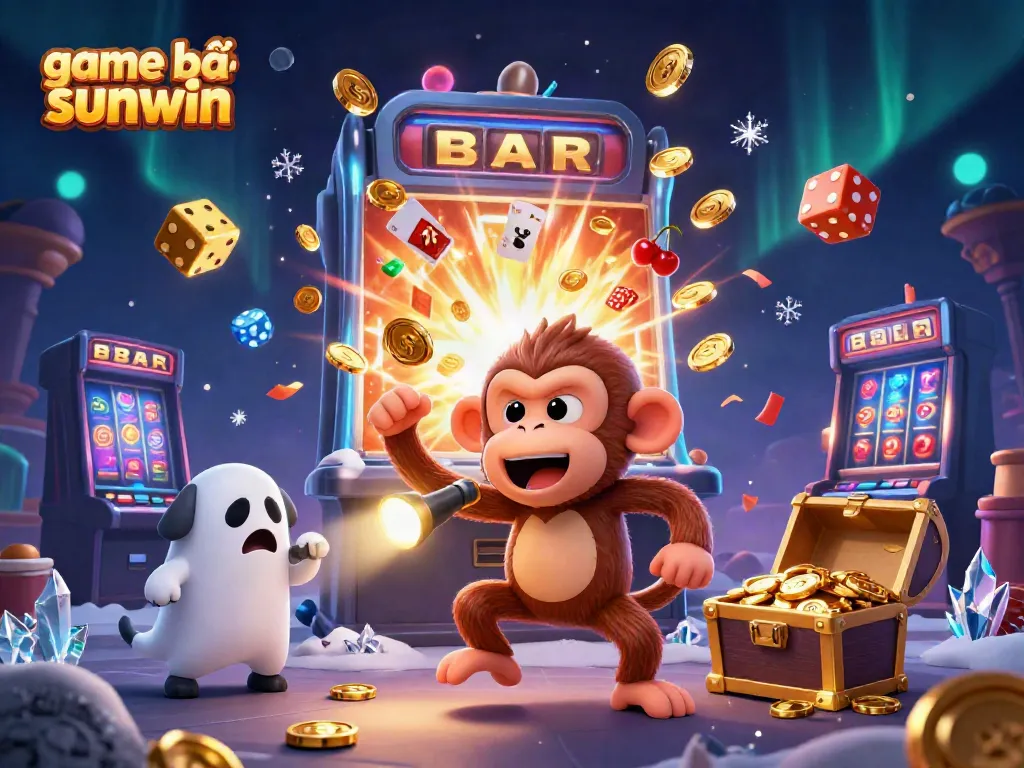 Experience the excitement of game bài sunwin with a playful scene featuring a mischievous monkey and a curious puppy in a casino.