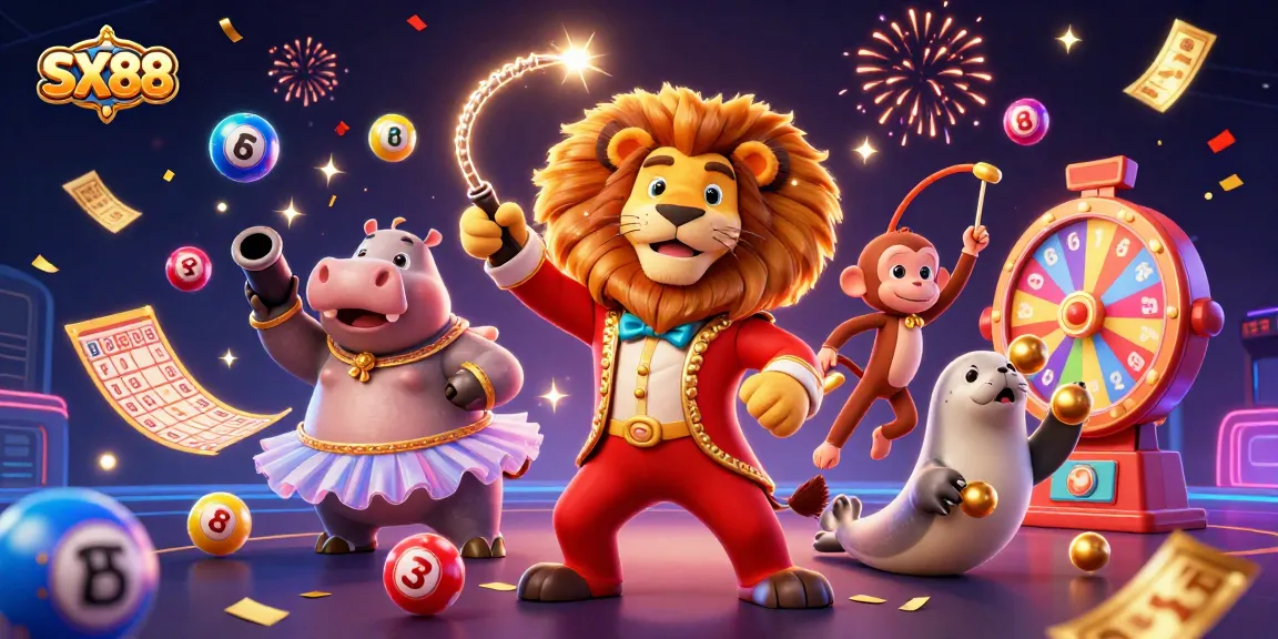 SX88 brings excitement with a colorful 3D casino scene featuring animated characters and lottery vibes.