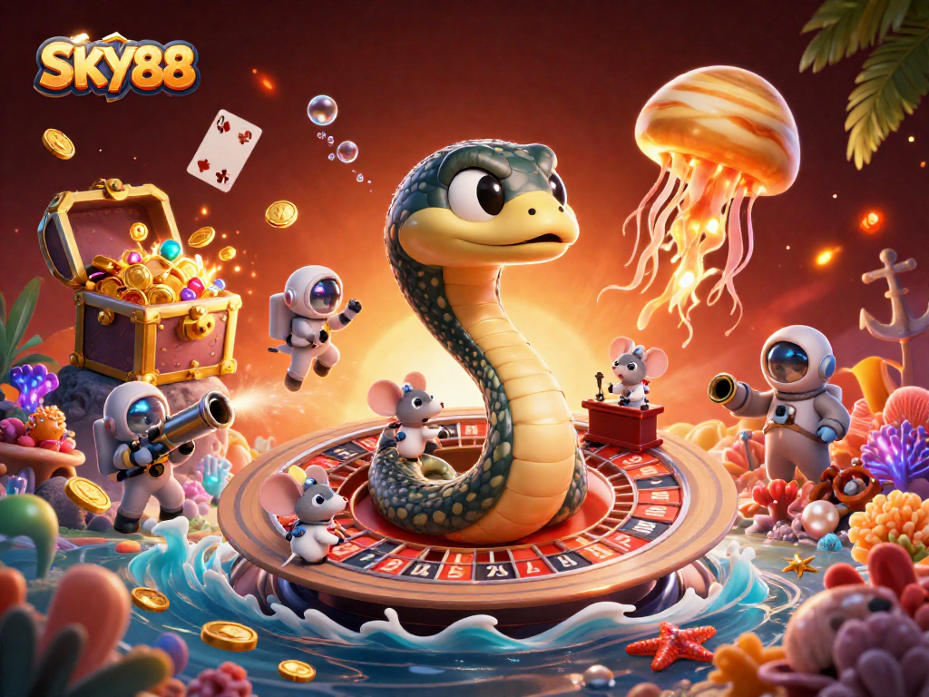 Experience the thrill of gaming at SKY88 with vibrant characters and cosmic casino elements in a stunning 3D illustration.