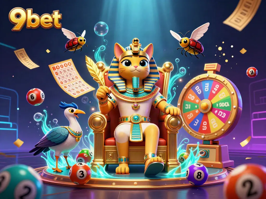 Experience thrilling gameplay with 9bet's vibrant lottery scene featuring animated elements and pharaoh characters.