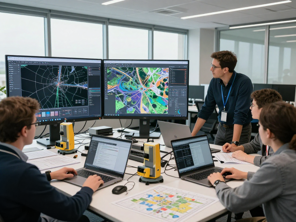 Vermessungsbüros und ÖbVI-Team bei der Analyse geospatialer Daten in modernem Büro.